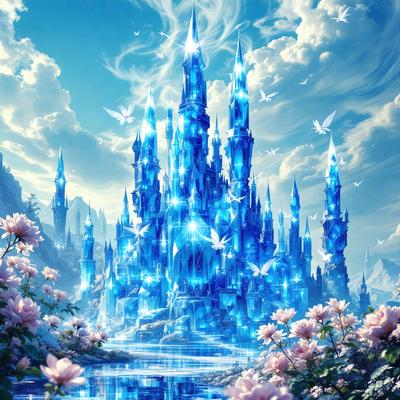 Primary subject: A blue and white castle with a river flowing in front of it.

Setting/background: The castle is surrounded by a beautiful garden with flowers and a blue river flowing in front of it.

Visual style: The image is a digital art illustration.

Colors and mood: The dominant colors are blue and white, creating a serene and magical atmosphere.